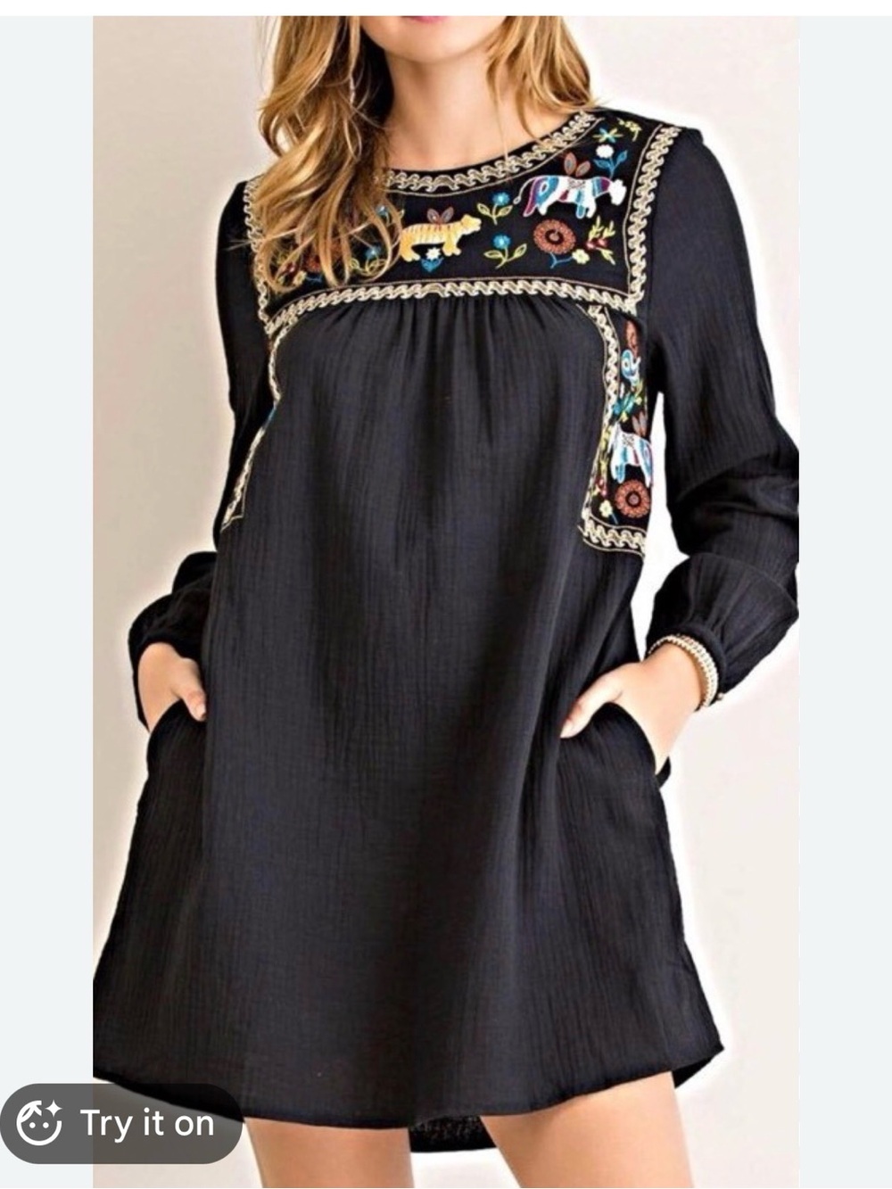 Entro embroidered animal motif tunic dress size large